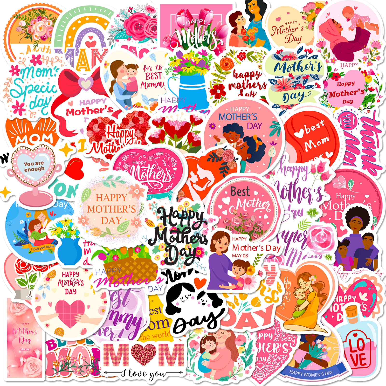 Wholesale 50 pieces I LOVE YOU MOM stickers Happy Mother's Day flowers bouquet baking cake label stickers