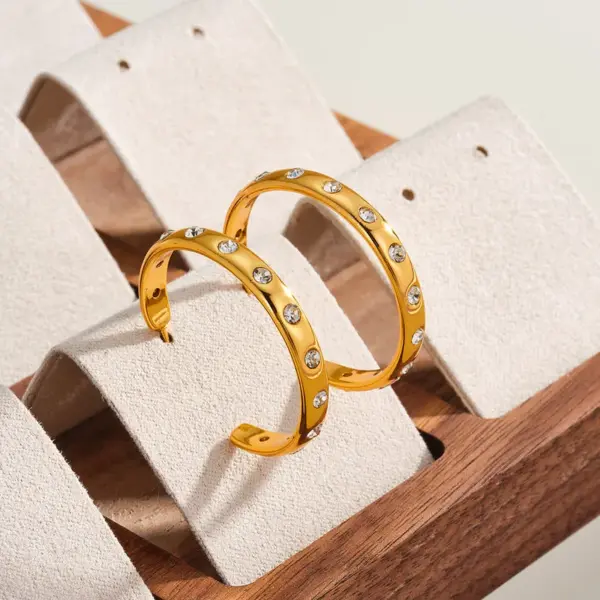 Wholesale Handmade C Shape Earrings For Women In 304 Stainless Steel With 18K Real Gold Plated Water Plating And Rhinestone Inlay