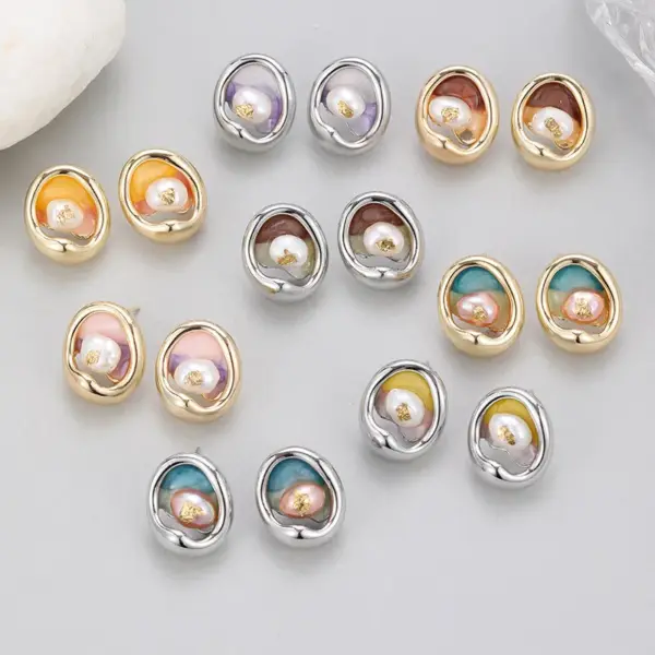 Wholesale Asymmetrical Oil Painting Stud Earrings For Women With Copper And Baroque Pearl Inlay, Featuring 925 Sterling Silver Posts
