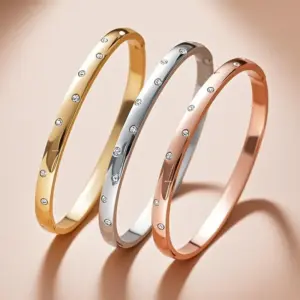 Wholesale Sparkly Gold Bangle In 18K Real Gold Plated Titanium Steel With Rhinestones, Featuring Electroplated Finish