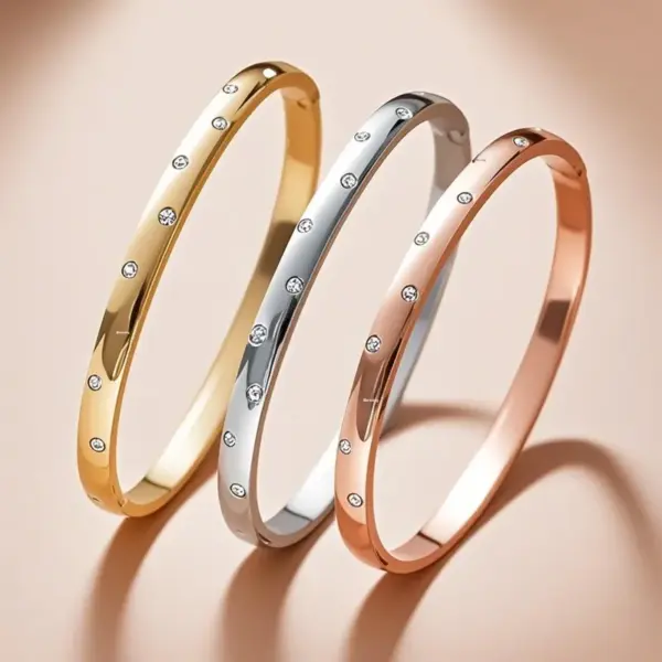 Wholesale Sparkly Gold Bangle In 18K Real Gold Plated Titanium Steel With Rhinestones, Featuring Electroplated Finish