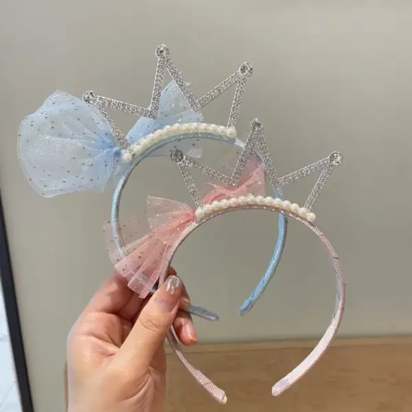 Wholesale Children's Crown Headband Quality Rhinestone Mesh Headband Girls' Birthday Accessories Tulle Dress Princess Hair Clip Headwear Lace Bow