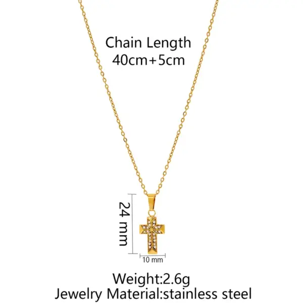 Wholesale Women’s Cross Pendant Necklace With Machine Inlaid Rhinestones, 18K Real Gold Plated 304 Stainless Steel, PVD Coated Cable Chain