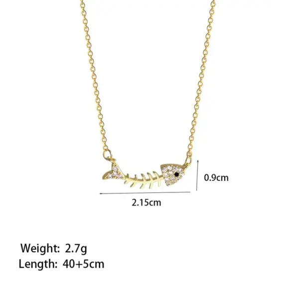 Wholesale Fish Bone Pendant Necklace For Women With Inlay Artificial Rhinestones, 18K Real Gold Plated Copper And Water Plating On Cable Chain