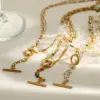 Wholesale 18K Gold Plated 304 Stainless Steel Vacuum Electroplating (In Furnace) Imitation Pearl Geometric Oil Drop Cable Chain/Cross Chain/O Chain Necklace For Women Independence Day