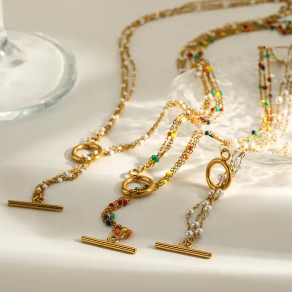 Wholesale 18K Gold Plated 304 Stainless Steel Vacuum Electroplating (In Furnace) Imitation Pearl Geometric Oil Drop Cable Chain/Cross Chain/O Chain Necklace For Women Independence Day