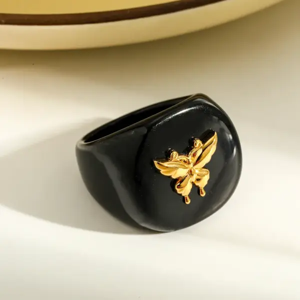 Wholesale 304 Stainless Steel Vacuum Furnace Plated 18K Real Gold Geometric Acrylic Animal Owl Bee Ladybug Butterfly Unisex Ring