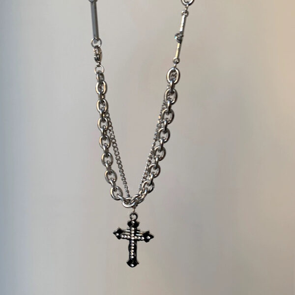 Wholesale Japanese and Korean Double-Layer Stitching Cross Pendant Necklace Women’s Autumn and Winter Cold Fashion Cool Sweat Chain Hip-Hop Accessories