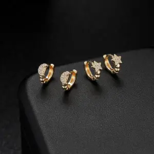 Wholesale Moon Pattern Bezel Setting Earrings For Women, Electroplated Copper With Zircon Inlay, Stud Earrings
