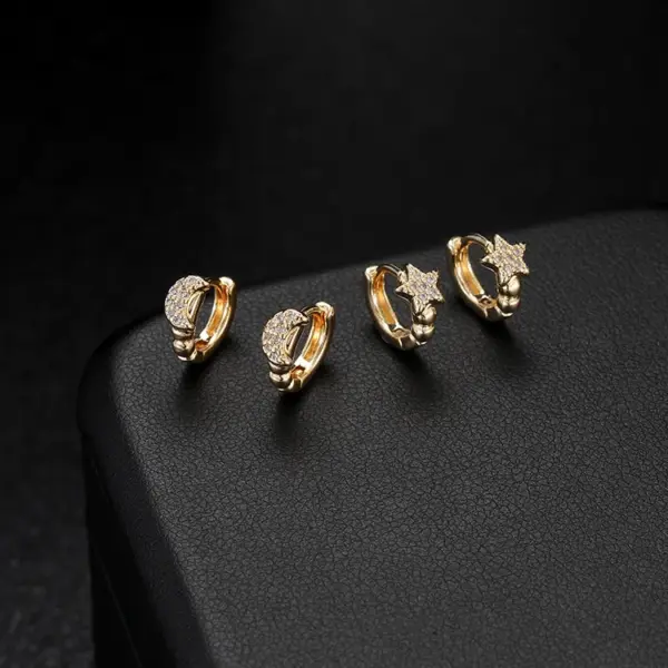 Wholesale Moon Pattern Bezel Setting Earrings For Women, Electroplated Copper With Zircon Inlay, Stud Earrings