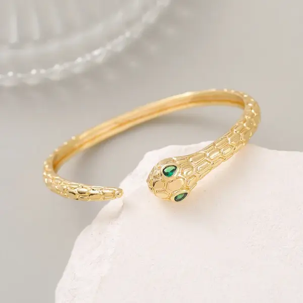 Wholesale Snake Pattern Bangle In Copper With 14K Real Gold Electroplated Finish Featuring Zircon Inlay In Gold