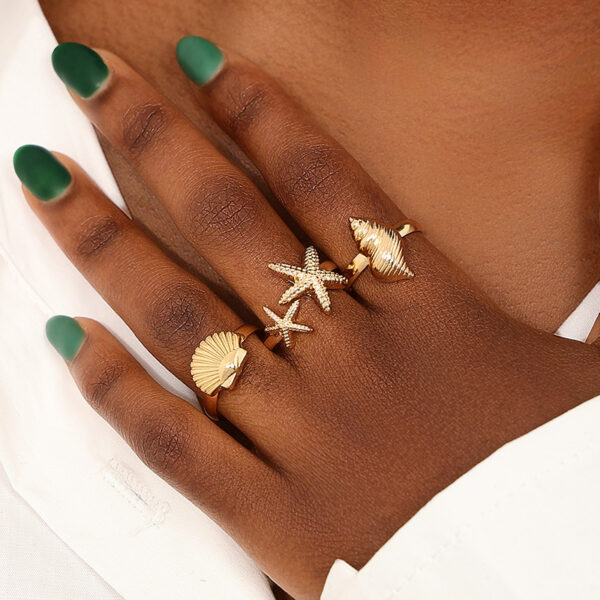 oly-6282a143a69f1f27e65a2237f190095c Wholesale 3 Pieces French Vintage Marine Elements Metal Starfish Shell Conch Women Open Ring suit Holiday Style