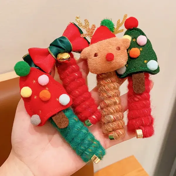 Wholesale Christmas Hair Accessories For Children, Curly Telephone Wire Hair Ties, Girls' Double Ponytail Hair Bands, Festive Elk Hair Ties For Girls