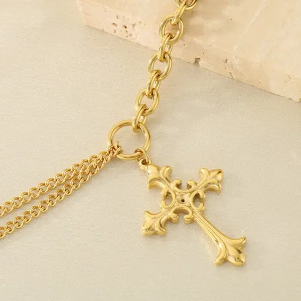 Wholesale Gothic Style Vintage Double Layered Stainless Steel Cross Bone Necklace Lobster Clasp Pendant Necklace For Women All Seasons