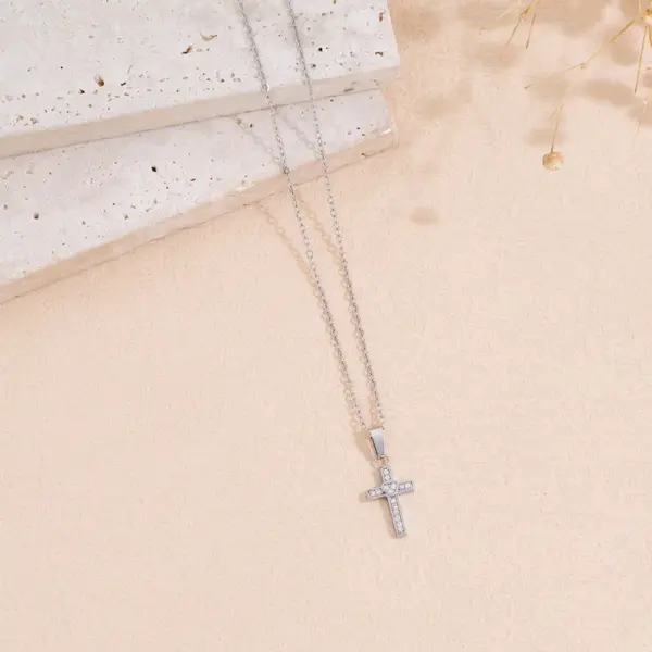 Wholesale Women’s Cross Pendant Necklace With Machine Inlaid Rhinestones, 18K Real Gold Plated 304 Stainless Steel, PVD Coated Cable Chain