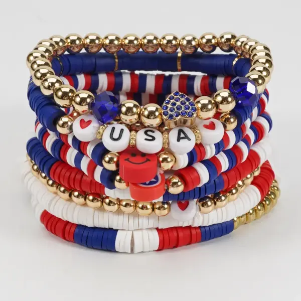 Wholesale 71st American Flag Soft Clay Beaded Bracelet Red White Blue Colorful Geometric Resin Inlaid Unisex
