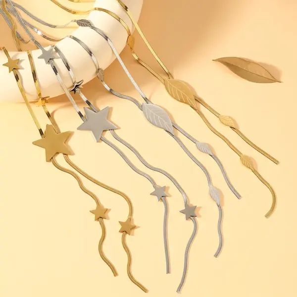 Wholesale Bohemian Style Long Tassel Necklace Stainless Steel Fashion Blade Chain Non-Fading Titanium Jewelry Accessories 18K Gold Plated Y-Shaped