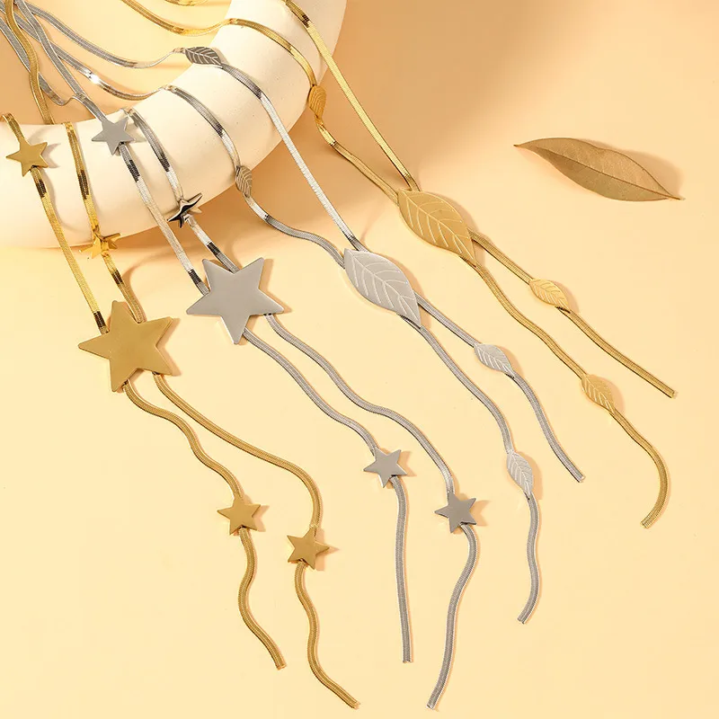 Wholesale Bohemian Style Long Tassel Necklace Stainless Steel Fashion Blade Chain Non-Fading Titanium Jewelry Accessories 18K Gold Plated Y-Shaped