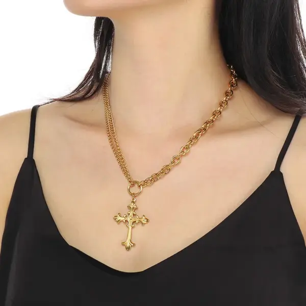 Wholesale Gothic Style Vintage Double Layered Stainless Steel Cross Bone Necklace Lobster Clasp Pendant Necklace For Women All Seasons