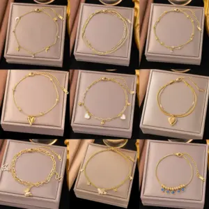 Wholesale 1 Piece Vacation Classic Style Heart Shape Titanium Steel Waterproof Non Tarnish PVD Coated Real Gold Plated Women's Anklet