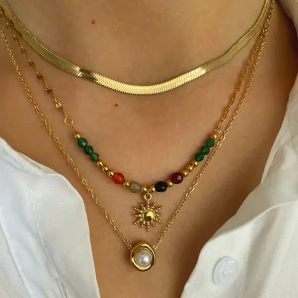 Wholesale 304 Stainless Steel Square Plate PVD Coated Natural Stone Real Gold Plated Simple Style Commute Waterproof Non Tarnish Surgical Steel Bamboo Necklace Lobster Trigger Clasp Closure Gold Pendant Necklace