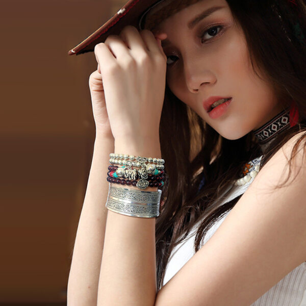 Wholesale YB10005C Bohemian Flower Teng Ancient Miao Silver Bracelet Women's Retro Wide Xizang Silver Bracelet Carved Bracelet