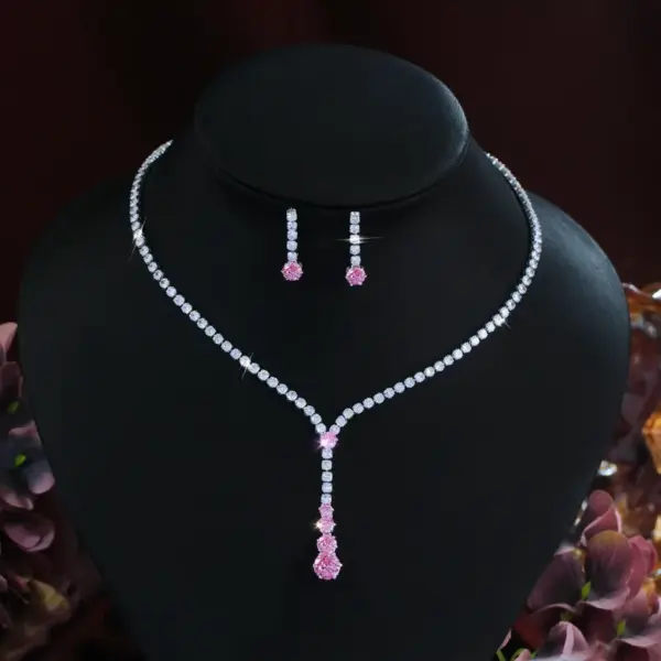 Wholesale Round Waterproof Non Tarnish Jewelry Set For Women In Copper With Rhodium Plated Water Plating And Zircon Inlay Featuring Tennis Chain