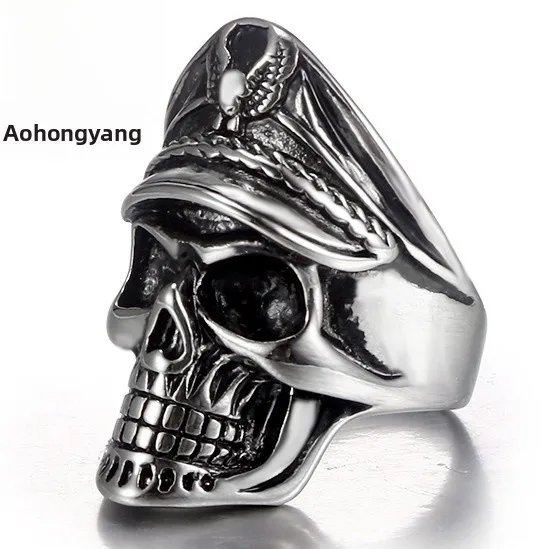 Wholesale Skull Officer Titanium Steel Ring Vintage Style Men's Stainless Steel Ring Street Fashion Steel Color