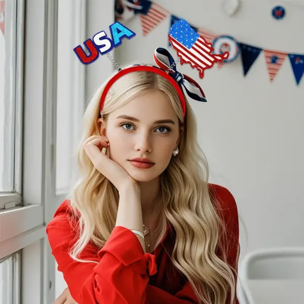 Wholesale American Patriotic Party Headband Decoration Red Silver Blue Striped Headband Flag Star Ball Headband For Parades