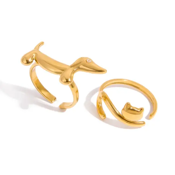 Wholesale Ladies Adjustable Open Ring Minimalist Style 18K Gold Stainless Steel Geometric Cat And Dog Design With Diamond Lines Sausage Dog