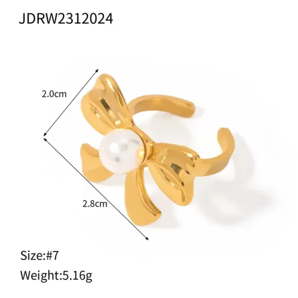 Wholesale Jewelry Elegant Classic Style Butterfly Bow Knot 304 Stainless Steel Artificial Pearls PVD Coated Plating Open Rings