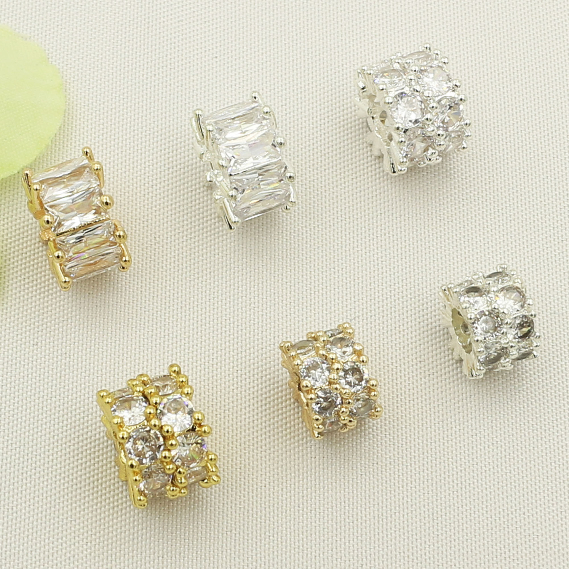 Wholesale Copper plated 18K gold color inlaid zircon double gold bully spacer large hole beads barrel beads wheel beaded bracelet accessories