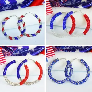 Wholesale Simple Color Block American Patriotism Diamond Stud Earrings Independence Day Trendy Geometric Pattern Artificial Crystal Hoops