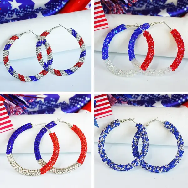oly-6436b449ee3195a6f1009971f6875d93 Wholesale Simple Color Block American Patriotism Diamond Stud Earrings Independence Day Trendy Geometric Pattern Artificial Crystal Hoops