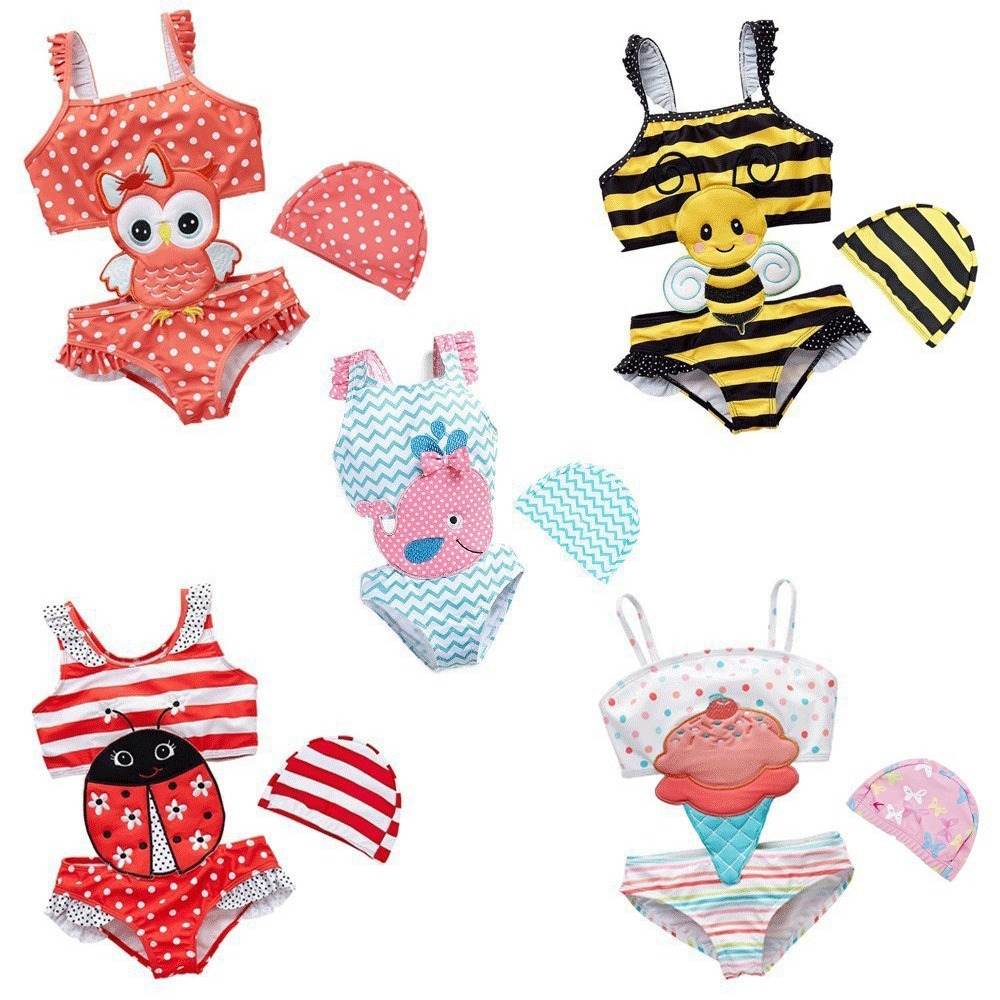 Wholesale In stock girls' swimsuit Korean style fashionable striped one-piece swimsuit 2 medium and big children 1-8 years old cute cartoon swimsuit