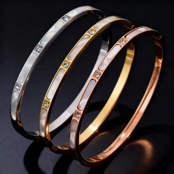 Wholesale Waterproof Non Tarnish Titanium Steel Shell Bangle With Zircon Inlay, Real Gold Plated For Women In Steel Color