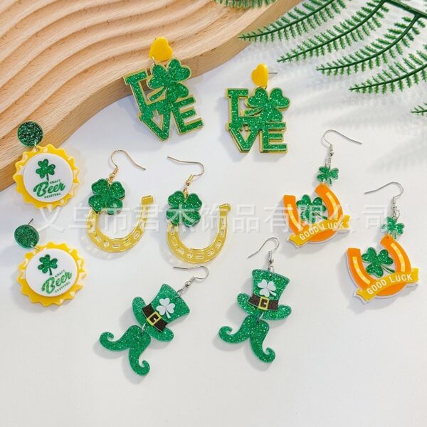 oly-6488315c52a41f53df2ca8d84f1aad9a Wholesale St. Patrick's Day Earrings Carnival Personalized Green Acrylic Glitter Clover