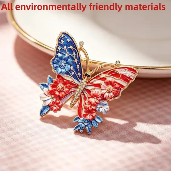 Wholesale Butterfly Pin In Red Zinc Alloy Featuring Diamond Craft, Perfect For Independence Day
