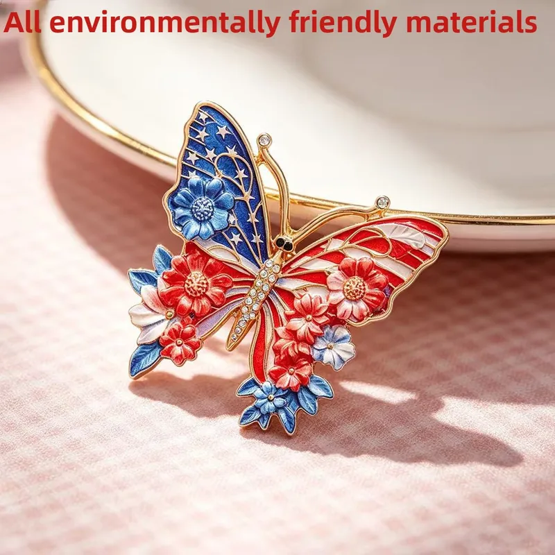 Wholesale Butterfly Pin In Red Zinc Alloy Featuring Diamond Craft, Perfect For Independence Day