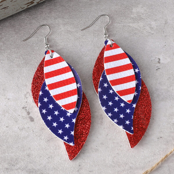 oly-64a8f24d9e66e90f7036d5108adbc4c6 Wholesale Independence Day Red Blue White Stars Striped Sequin Triple Blade Pendant Leather PU Double Sided Earrings
