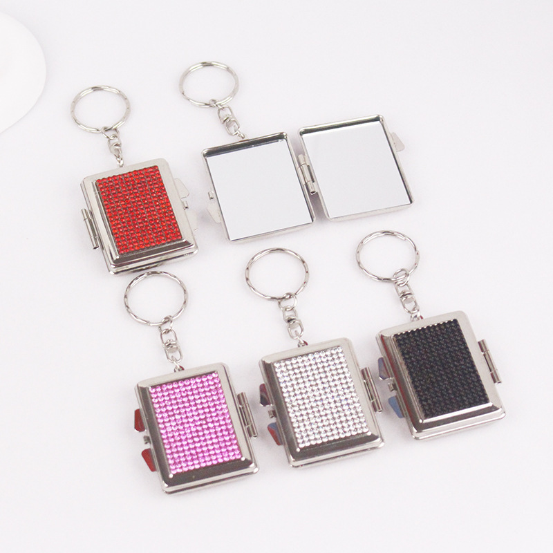 Wholesale Metal Rectangular Mirror Keychain Women's Outdoor Easy to Carry Diamond Mini Cosmetic Mirror Pendant