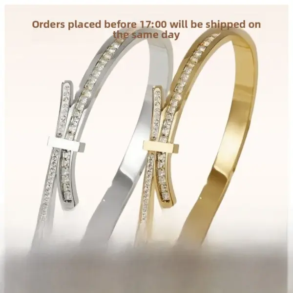 Wholesale Bow Tie Bangle For Women In Steel Color Titanium Steel With Rhinestones Featuring Electroplated Finish