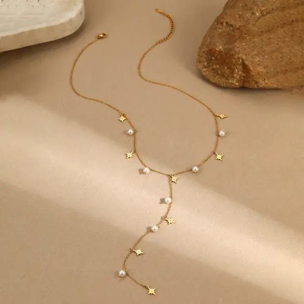 Wholesale PVD Coated Real Gold Plated Pearl 304 Stainless Steel IG Style Elegant Lady Waterproof Non Tarnish 304 Stainless Steel Lobster Trigger Clasp Closure Y-Necklace