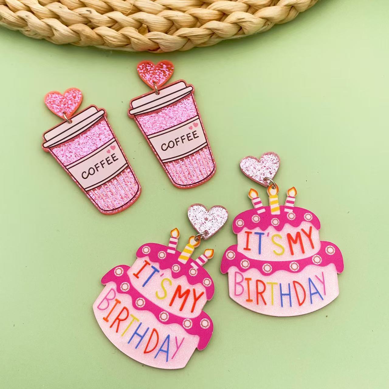 Wholesale European and American Creative Atmosphere Party happy birthday Birthday Cake Coffee Cup Earrings Holiday Memorial Earrings
