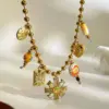 Wholesale Heart Shape Multi Charms Necklace For Women, 304 Stainless Steel, 18K Gold Plated, PVD Coated, Enamel Inlay, Beaded Chain