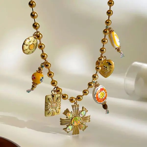 Wholesale Heart Shape Multi Charms Necklace For Women, 304 Stainless Steel, 18K Gold Plated, PVD Coated, Enamel Inlay, Beaded Chain