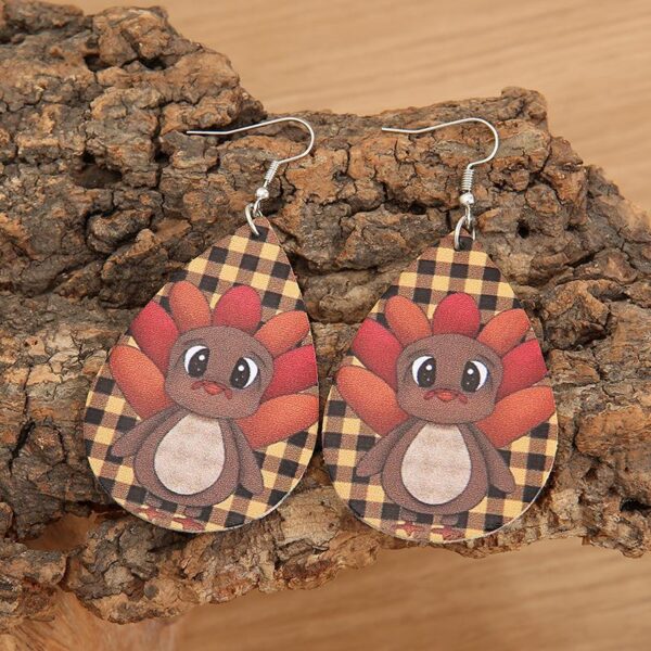 Wholesale Thanksgiving Day Double Sided PU Leather Ear Rings Retro Style Turkey Print Fashionable Women's Jewelry Earring Drop Pattern