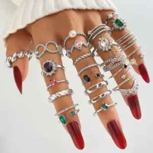 Wholesale Vintage Butterfly Snake-Shaped Gemstone Ring Set Colorful Artistic Simple Design 30-Piece Combination Unisex Geometric Pattern