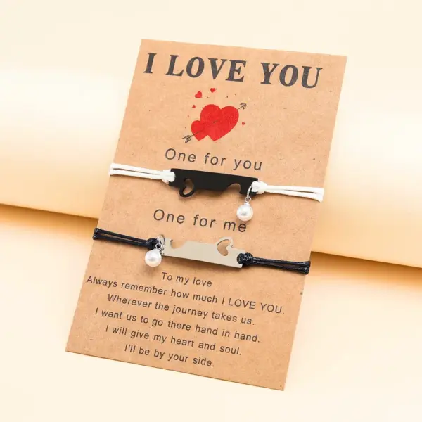 Wholesale Fashion Heart Shape Stainless Steel Knitting Hollow Out Inlay Pearl Couple Bracelets