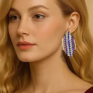 Wholesale New Popular Diamond Embedded Heart American Flag Red Blue Stripes Earrings Independence Day Independent Sale Geometric Pattern Women's Jewelry